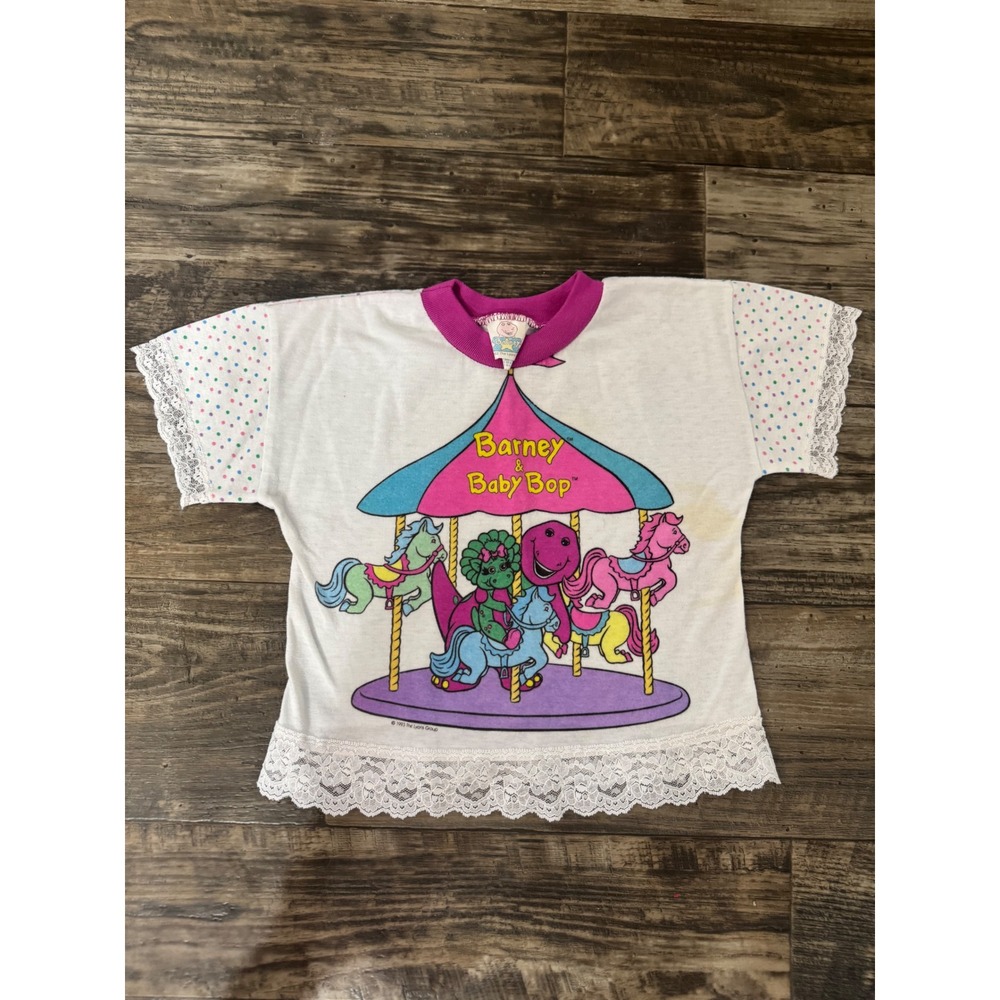 Vintage 1993 Barney Baby Bop Carousel Lace Trim Shirt Size 6 Polka Dot 90s Kids